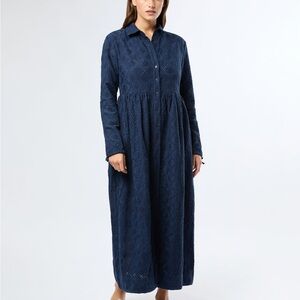 Onia Air Linen Maxi Shirtdress in Deep Navy Blue Shell Embroidery